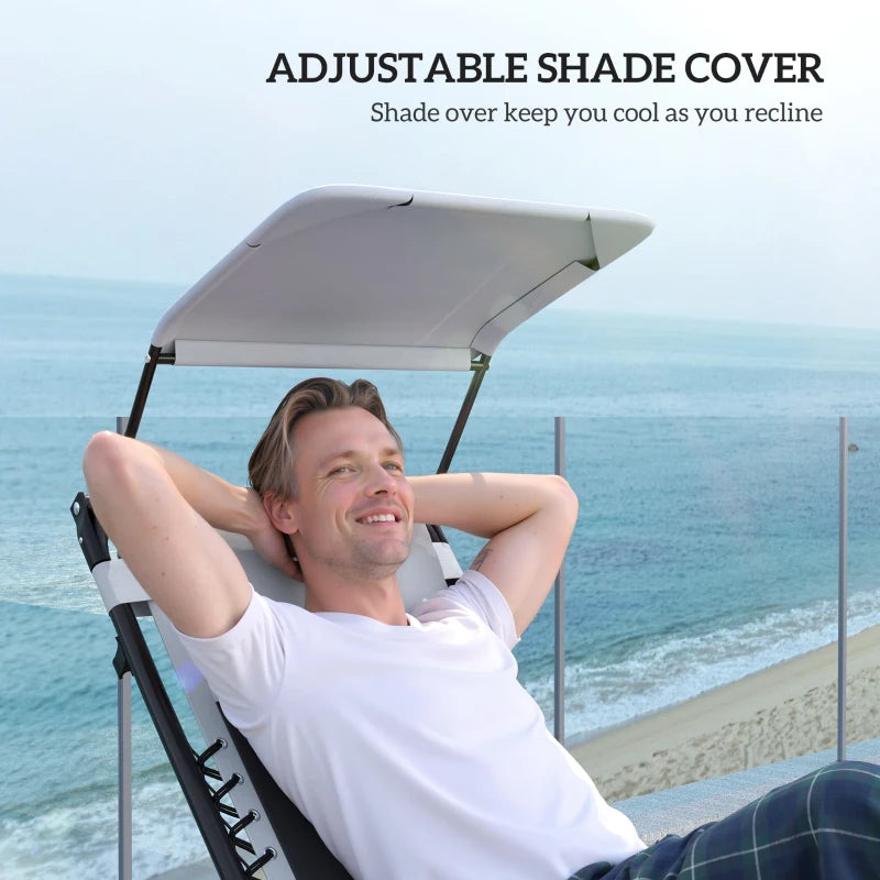 Zero Gravity Lounger Chair Set of 2 - Folding Reclining Patio Chairs with Shade Cover, Padded Seat, Cup Holder, Soft Cushion and Headrest - Light Grey