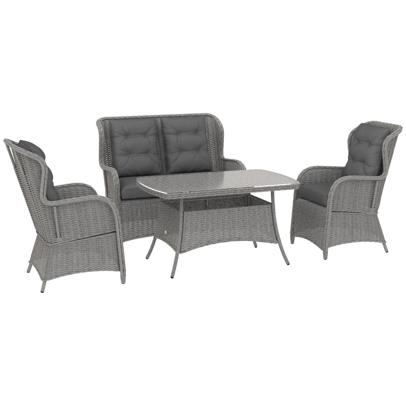4 Seater Light Grey PE Rattan Outdoor Dining Sofa Set with High Back Chairs and Cushions, Tempered Glass Coffee Table for Patio