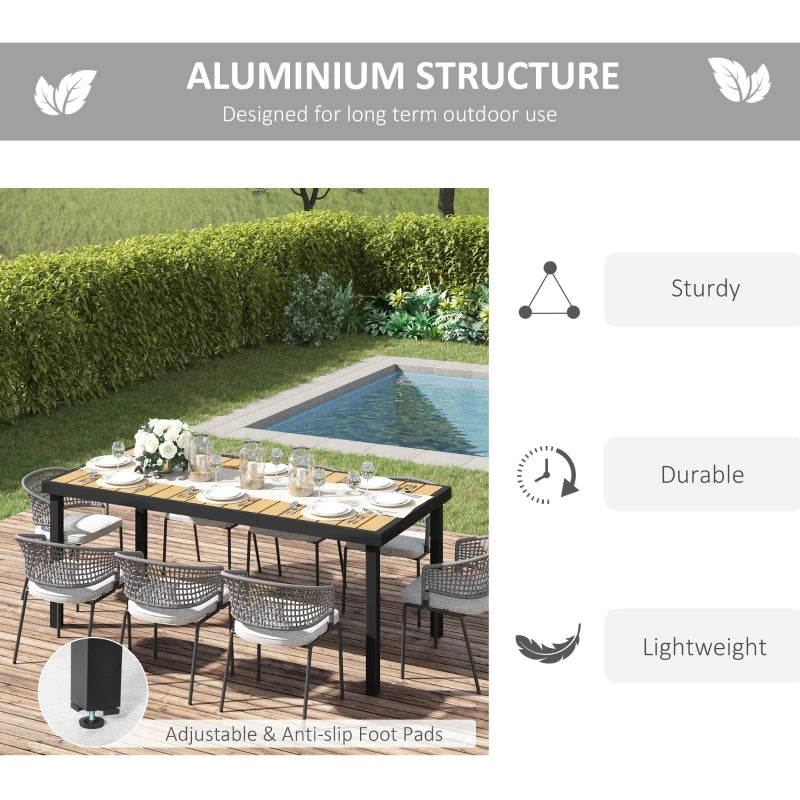 Aluminium Outdoor Garden Dining Table for 8 People - Natural Faux Wood Top, 190 x 90 x 74 cm