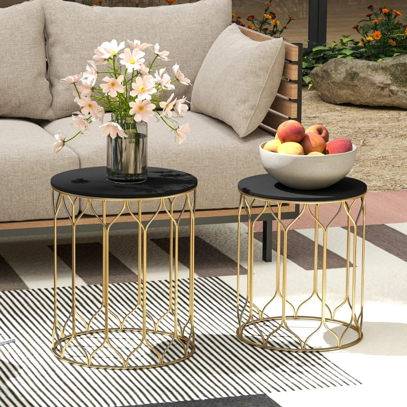 Set of 2 Black Ceramic Tile Top Nesting Tables - Multifunctional Indoor Outdoor Small Garden Side Tables with Metal Frame for Patio, Balcony, Porch
