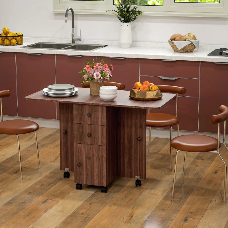 Multi-Storage Drop Leaf Dining Table for Six - Distressed Brown Finish, Space-Saving Design, Perfect for Family Gatherings