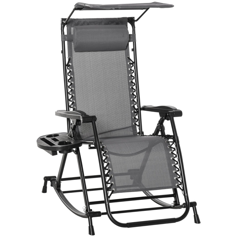 Grey Folding Rocking Sun Lounger Chair with Headrest and Side Holder