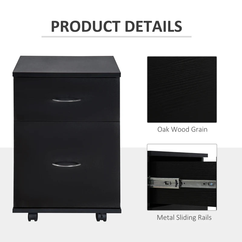 Stylish Black Wood Grain Two Drawer Filing Cabinet on Wheels - Perfect for Home Office Organization