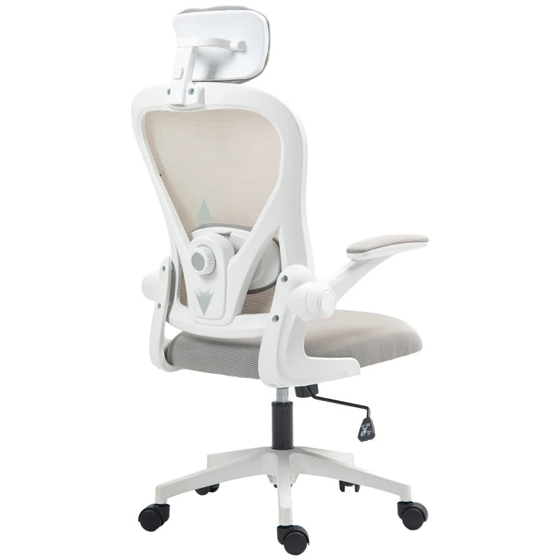 Ergonomic Executive Office Chair - High Back Mesh Desk Chair with Flip-Up Armrests, Rotatable Headrest & Adjustable Lumbar Support - Grey