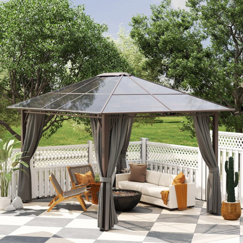 3 x 3.6m Hardtop Gazebo Canopy - Dark Grey Polycarbonate Roof Garden Pavilion with Removable Curtains and Steel Frame