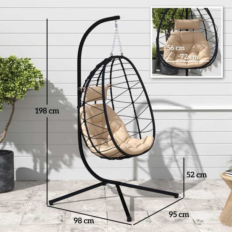 Hanging Egg Chair - Outdoor Indoor Garden Swing Chair with Folding Basket, Thickened Cushion, Headrest - Khaki - Perfect for Patio and Balcony