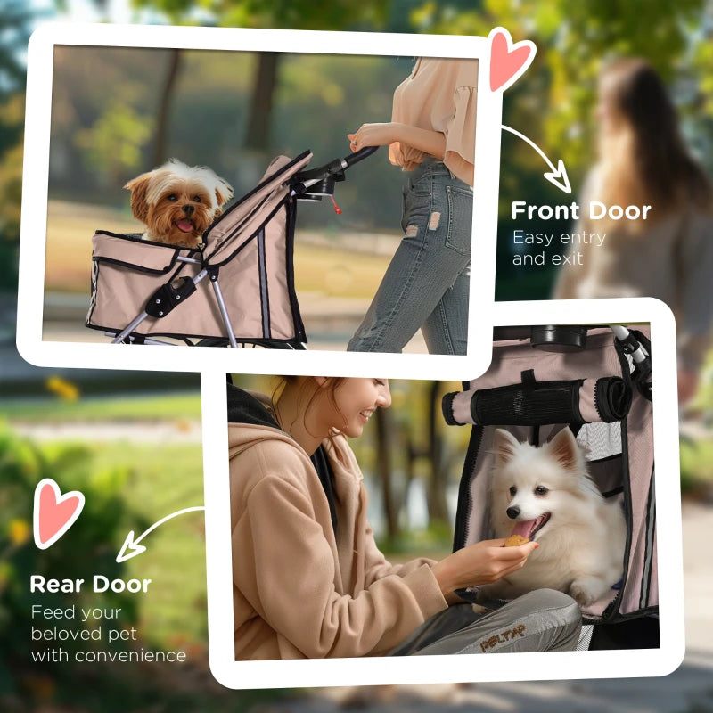 Foldable Pet Stroller for Small Dogs & Cats - Travel Carriage with Wheels, Zipper Entry, Cup Holder & Storage Basket - Brown