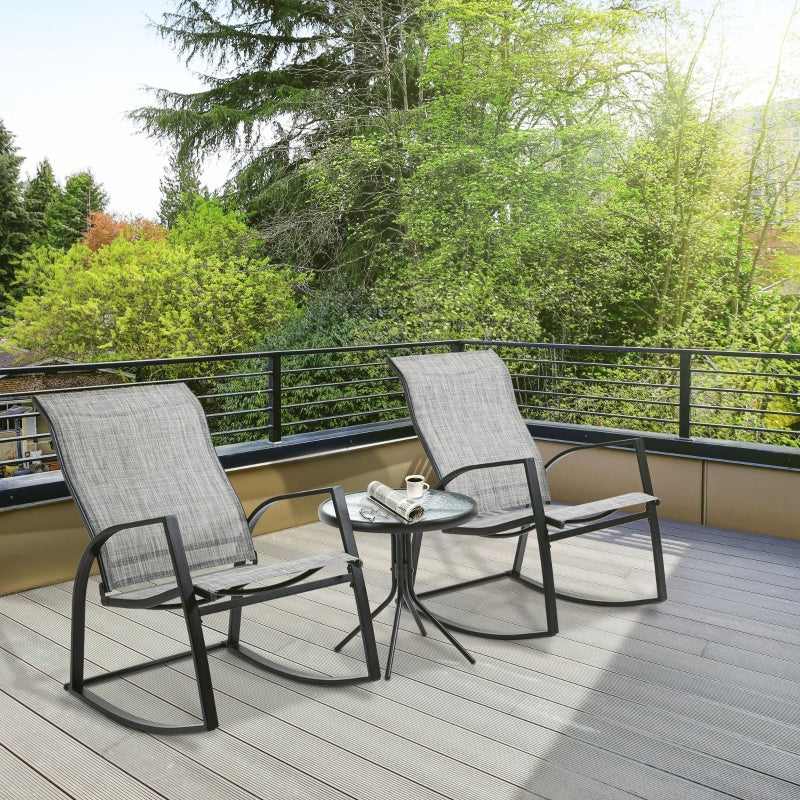 Grey Rocking Chair Bistro Set with Glass Table for Outdoor Spaces