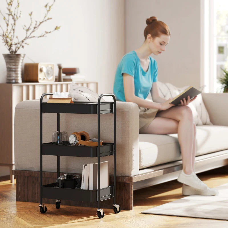 Three-Tier Black Steel Storage Trolley - Versatile Rolling Cart for Kitchen, Office, or Home Organization