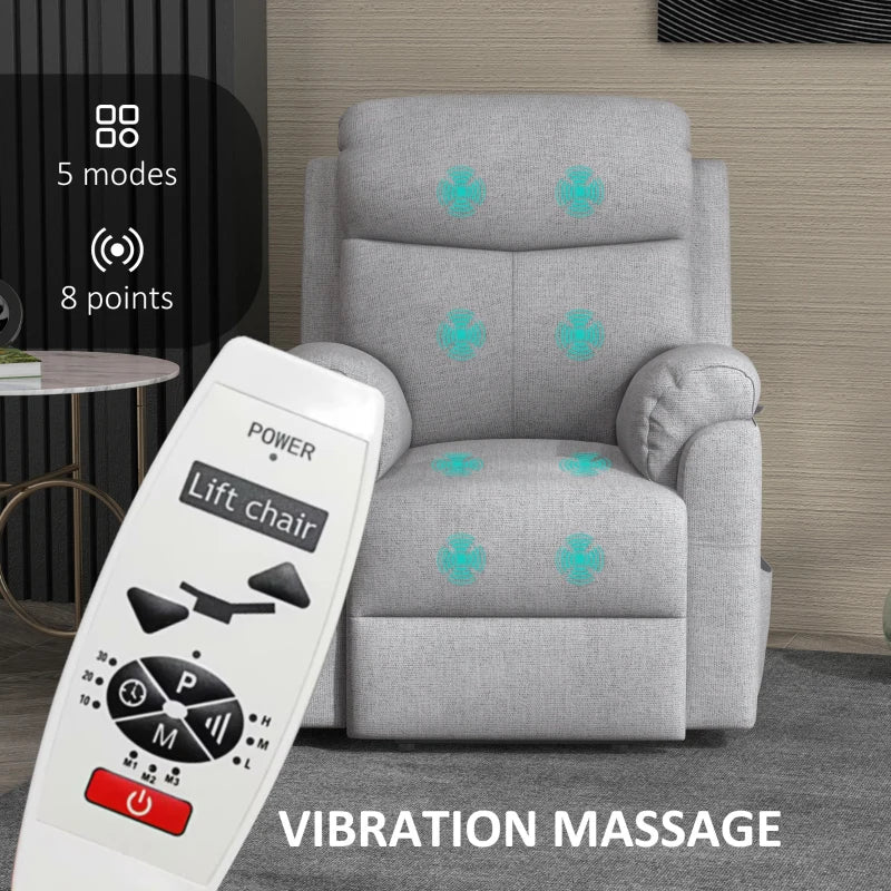 Electric Power Lift Recliner Chair for Elderly, Overstuffed Linen Fabric Armchair with Remote Control and Side Pockets, Grey