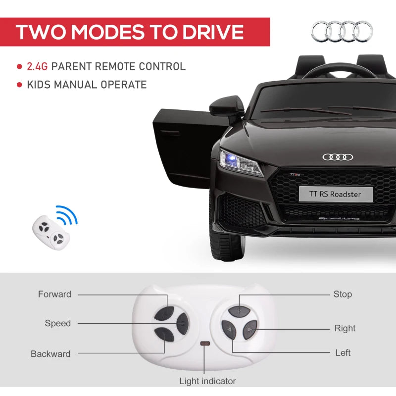 Kids Licensed Audi TT 12V Ride-On Car with Remote, Suspension, Headlights & MP3 Player - Black, 2.5-5km/h