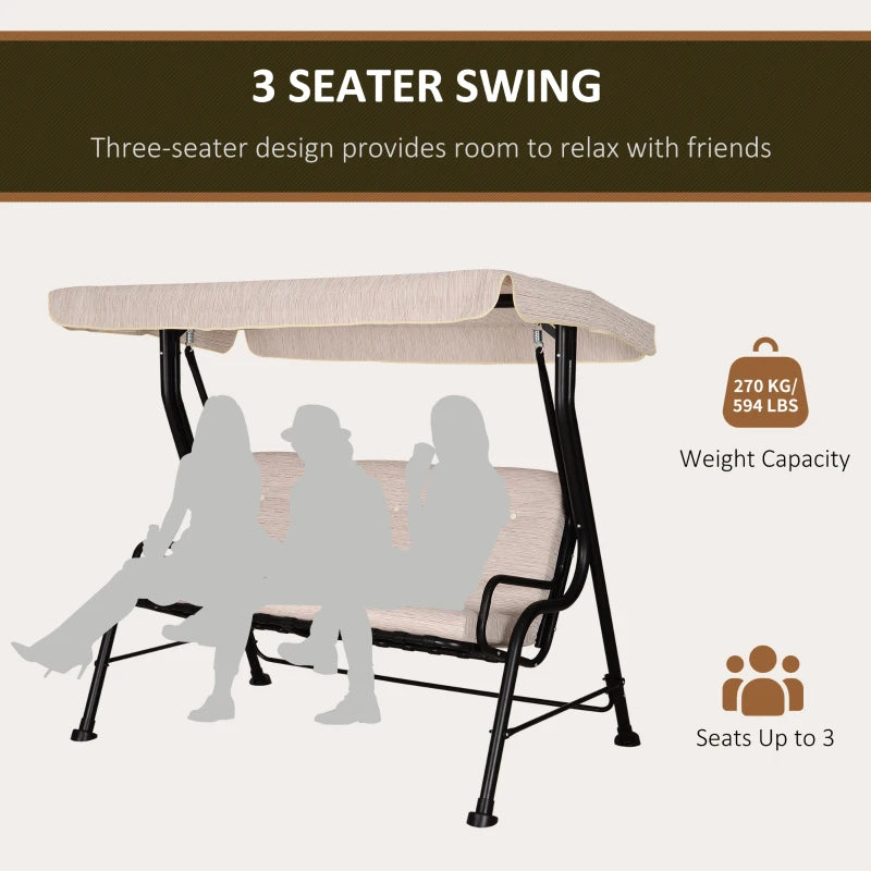 Beige 3-Seater Outdoor Garden Swing Chair with Canopy
