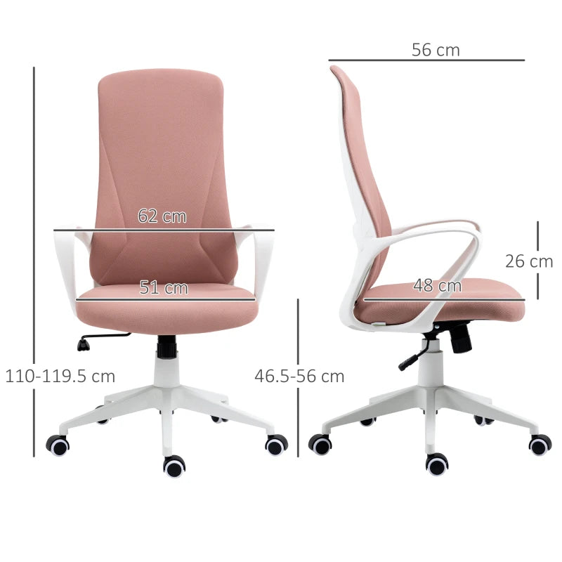 Vinsetto Pink High Back Office Chair - Adjustable Fabric Desk Chair with Armrests & Swivel Wheels for Comfort