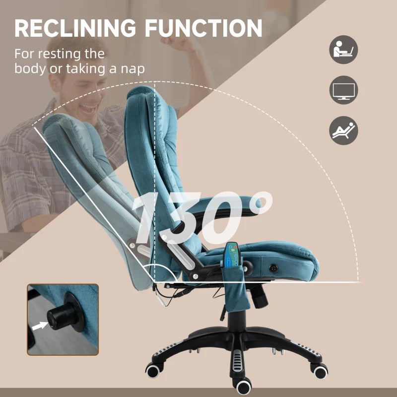 Vinsetto Heated Massage Recliner Chair - 6 Massage Points, Velvet Fabric, 360° Swivel, Blue - Perfect for Office & Relaxation