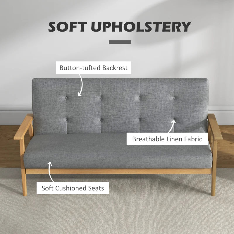 Modern 3-Seater Sofa in Dark Grey Linen Fabric with Tufted Design and Rubberwood Legs for Living Room