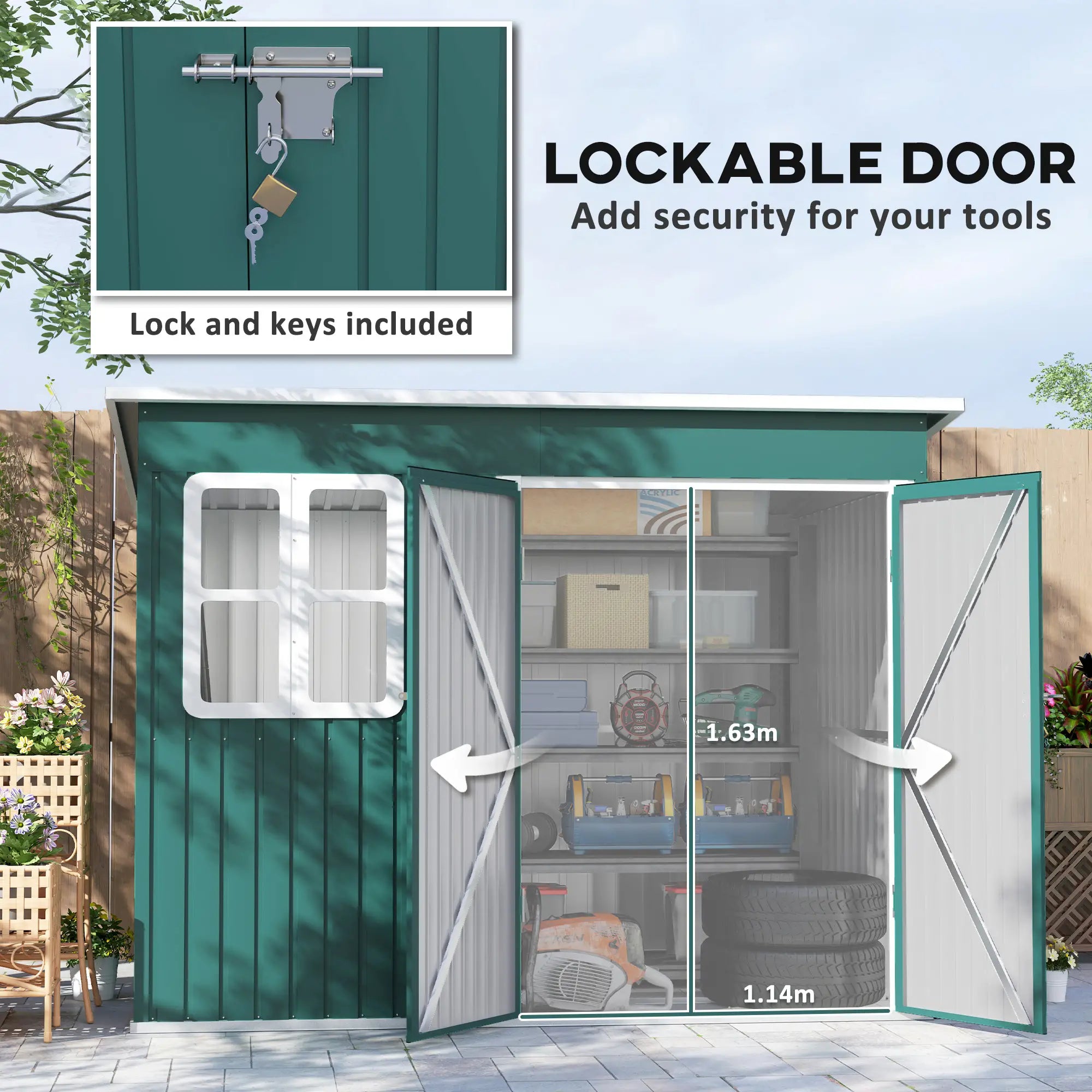 8.5ft x 6ft Green Metal Shed with Foundation Kit, Window, Lockable Wide Doors and Air Vents