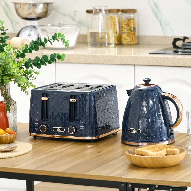 Blue Kettle and Toaster Set - 1.7L Fast Boil Jug Kettle & 4 Slice Toaster with 7 Browning Levels, UK Thermostat