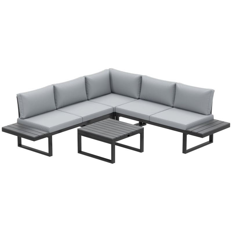 4-Piece Light Grey Outdoor Patio Garden Lounge Set With  5-Level Recline and Wood Grain Plastic Table