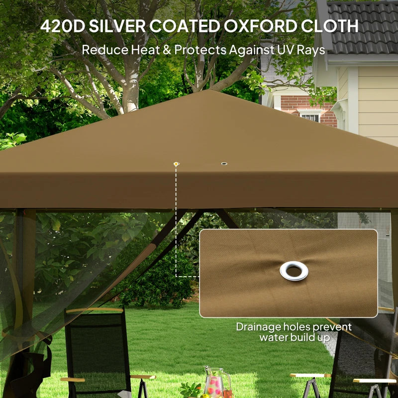 3m x 3m Khaki Pop Up Gazebo - 420D Garden Tent Canopy with Removable Mesh Sidewall Netting & Carry Bag for Outdoor Patio