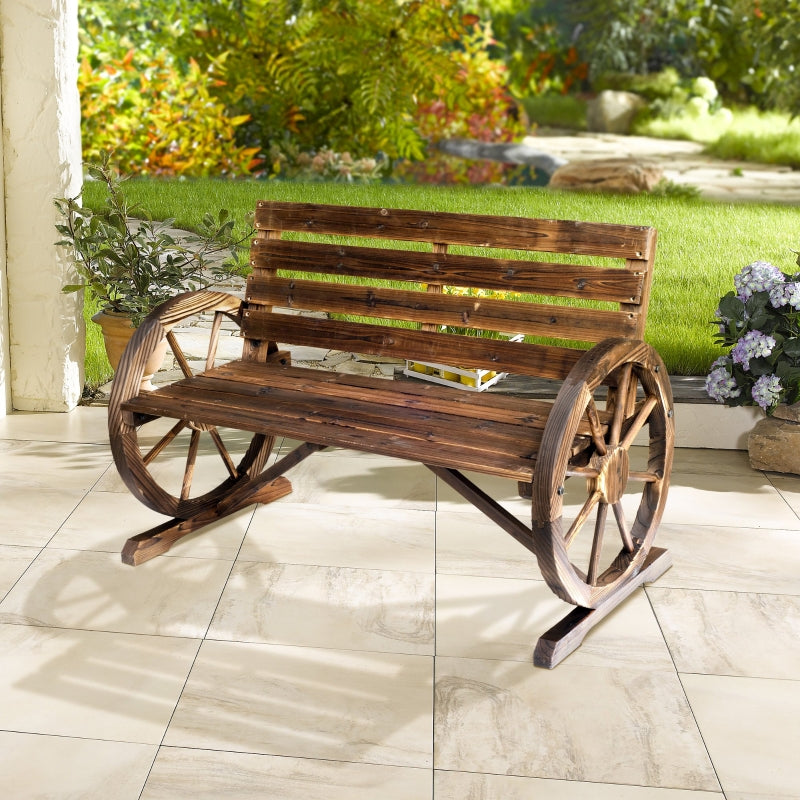 Rustic Brown 2-Seater Garden Bench with Wooden Cart Wagon Wheel