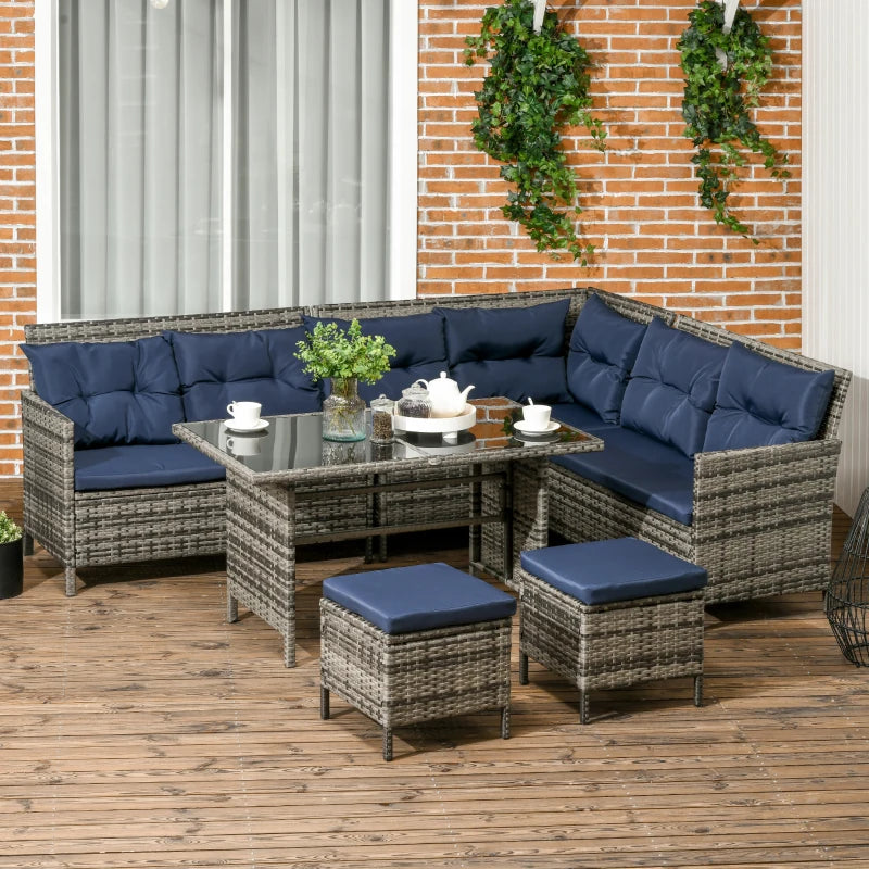 8-Seater Rattan Corner Sofa With Glass Table & Blue Cushions