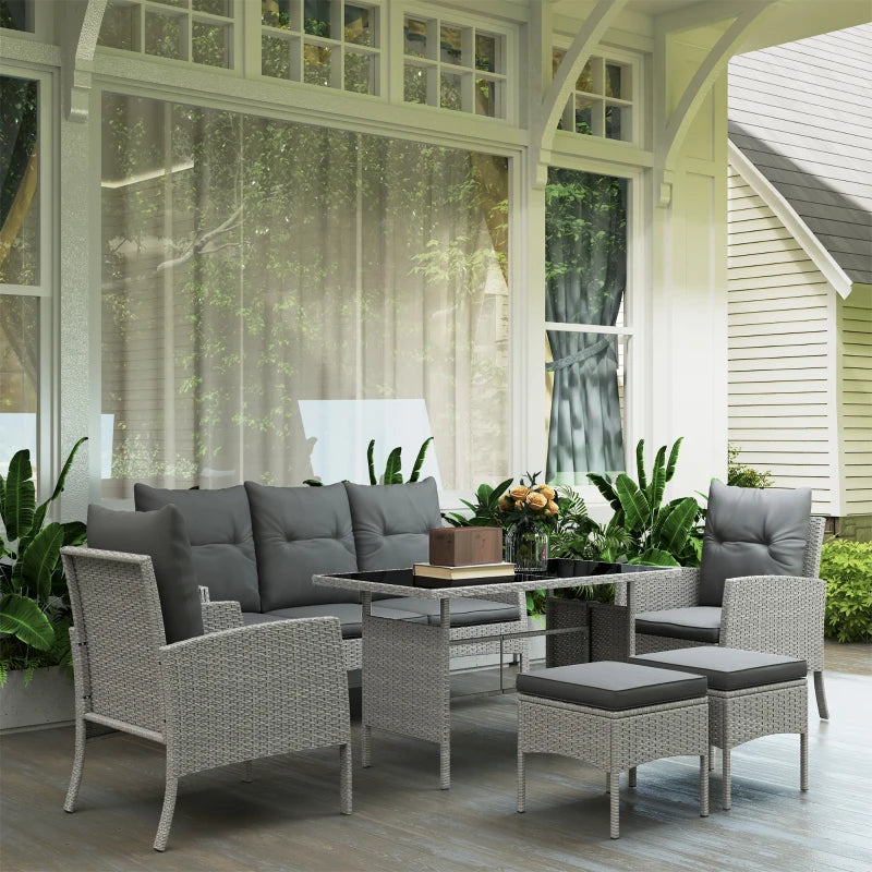 5-Seater Grey Rattan Garden Furniture Set - 2 Armchairs, 3-Seater Wicker Sofa, 2 Footstools & Glass Table - 6 Piece Patio Sofa Set with Cushions for Conservatory