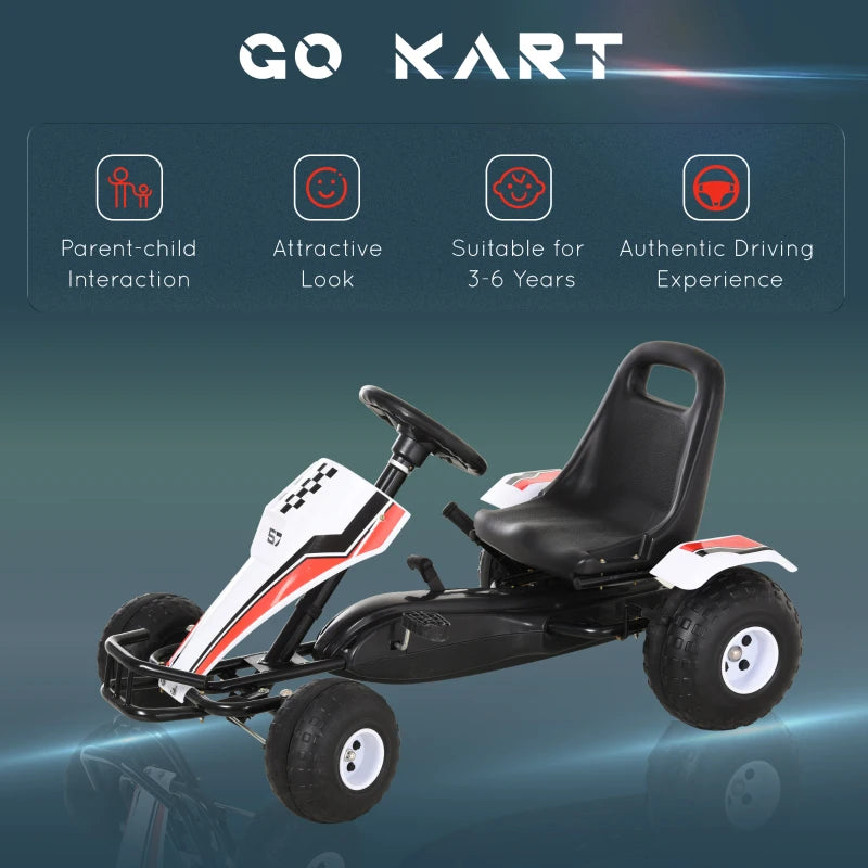 Kids Pedal Go Kart - Manual Ride On Car with Brake, Gears, Adjustable Seat, 4 Smooth Wheels, Racing-Style White 104x66x57 cm