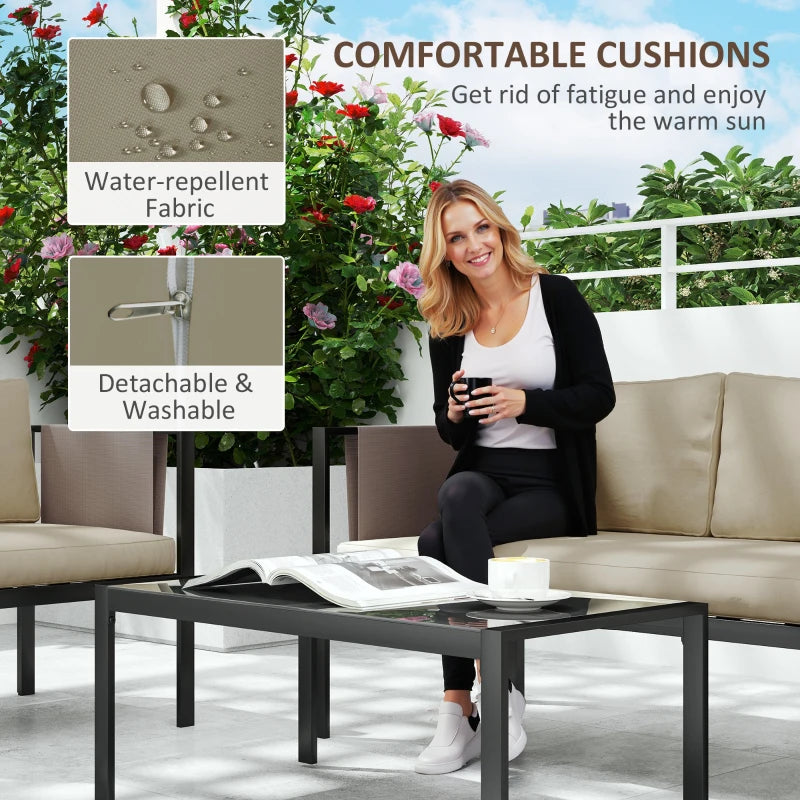 4 Piece Metal Garden Furniture Set with Glass Table and Cushions for Outdoor Relaxation