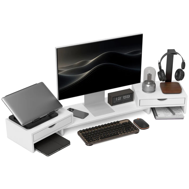 Dual Monitor Stand Riser with 2 Drawers - Adjustable Length & Angle, 116cm for Laptop, PC, Printer - White