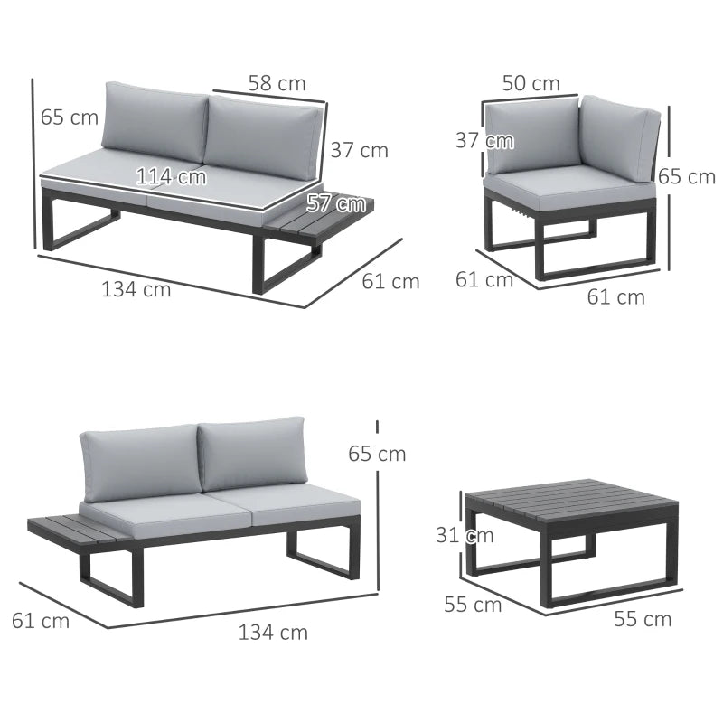 4-Piece Light Grey Outdoor Patio Garden Lounge Set With  5-Level Recline and Wood Grain Plastic Table