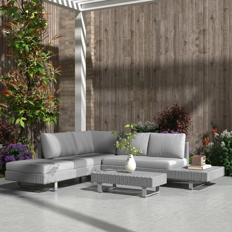 5-Seater Light Grey Rattan Wicker Sofa Set with Cushions and Patio Tea Table