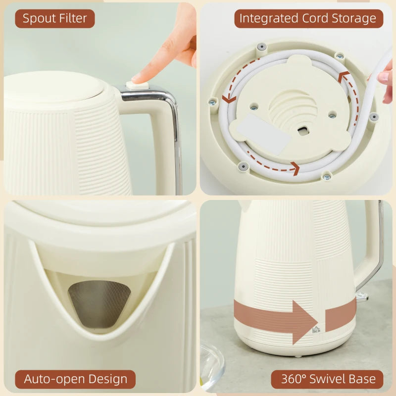 Cream White Kettle and Toaster Set - 1.7L Fast Boil Kettle & 2 Slice Toaster with 7 Browning Levels, Defrost & Reheat