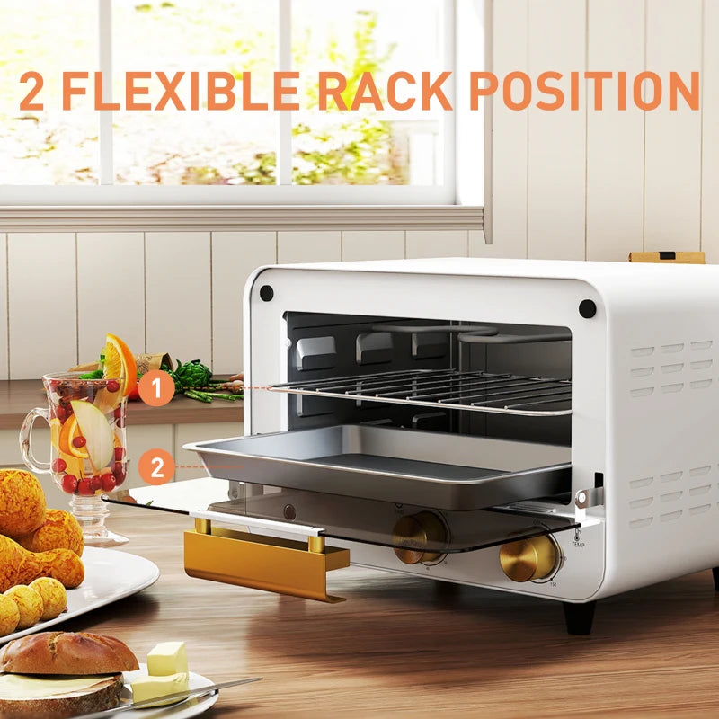 Compact 12L Toaster Oven - Multifunction Mini Countertop Oven with Glass Door, Adjustable Temperature & Timer, Stylish White Design