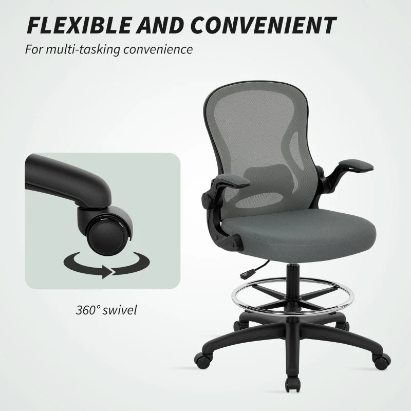 Vinsetto Ergonomic Drafting Chair - Tall Office Chair with Mesh Back, Lumbar Support, Flip-up Armrests, Adjustable Height, Charcoal Grey