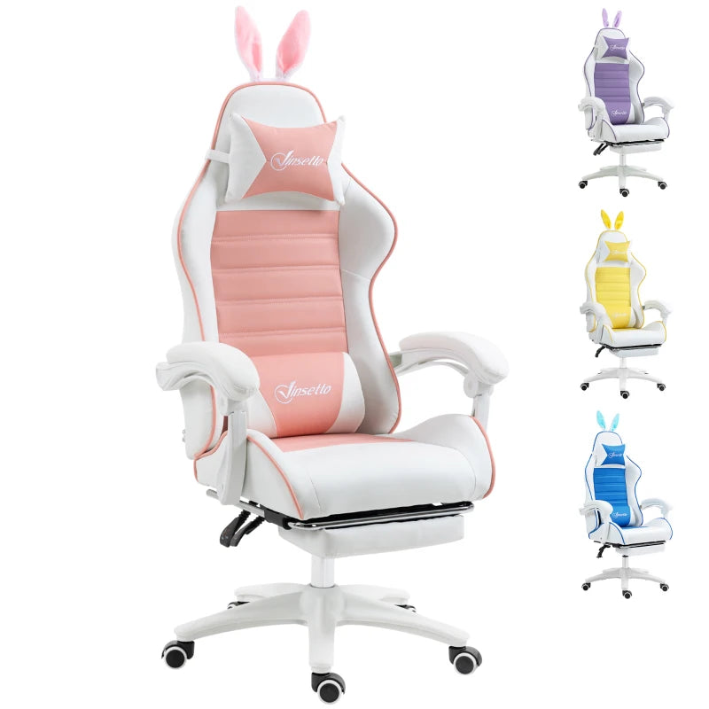 Vinsetto Pink Racing Gaming Chair - Reclining PU Leather, Removable Rabbit Ears, Footrest, Headrest & Lumbar Support