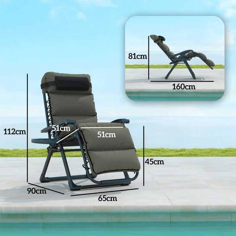 Set of Two Grey Reclining Sun Loungers with Cushions - Adjustable Outdoor Chairs