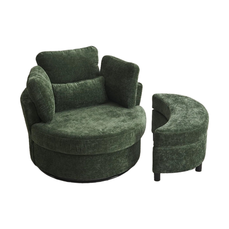Stylish Green Chenille Swivel Armchair with Cushions and Ottoman Stool, 360° Recliner Sofa, 107L x 105W x 82H cm