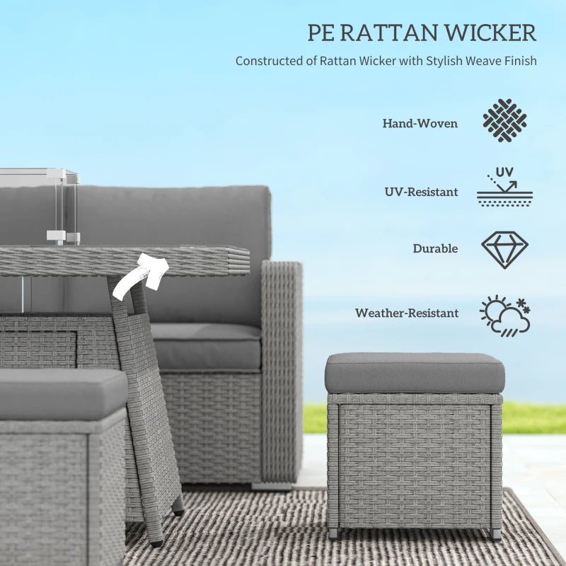 7-Piece Grey Rattan Sofa Set with Firepit Table - Outdoor Patio Furniture
