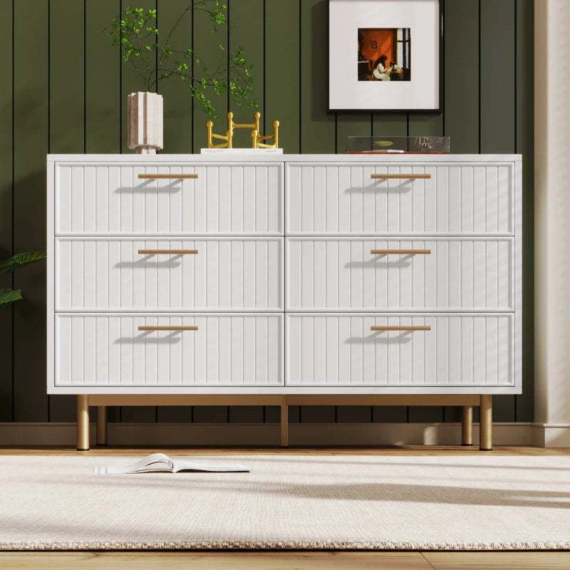 Modern White Sideboard Cabinet for Living Room - 6-Drawer Chest with Metal Base & Decorative Handles, 120x40x75.5 cm