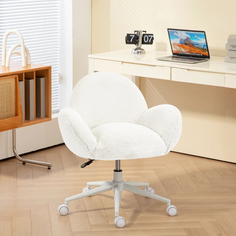 Cute Fluffy Makeup Vanity Chair with Rolling Wheels - Cream White Desk Chair for Bedroom & Living Room Decor
