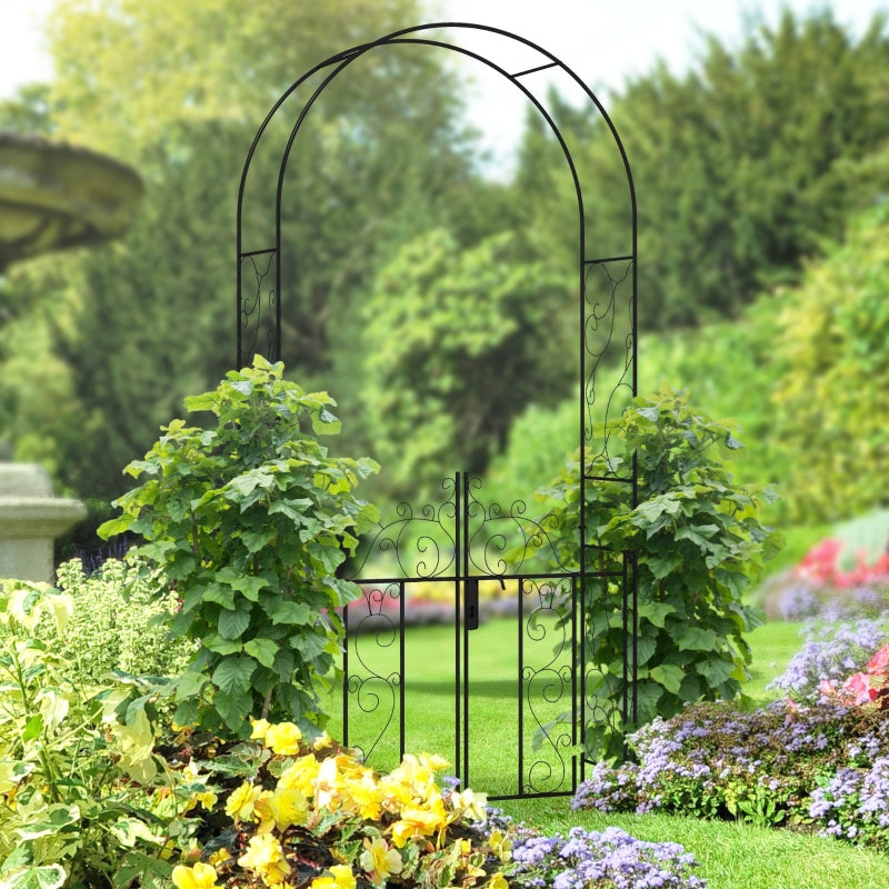 Metal Garden Arch with Double Gates for Climbing Plants - Black, 125L x 38W x 227H cm - Perfect for Roses, Vines, and Weddings