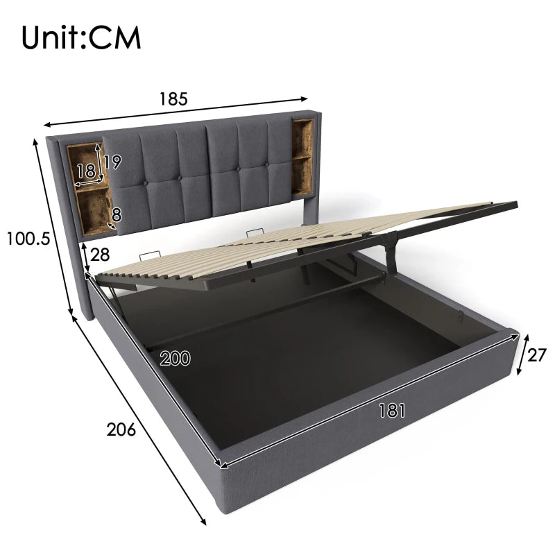 Upholstered Super King Size Bed Frame with Wireless Charging & Hydraulic Storage - Grey, 206L x 185W x 100.5H cm
