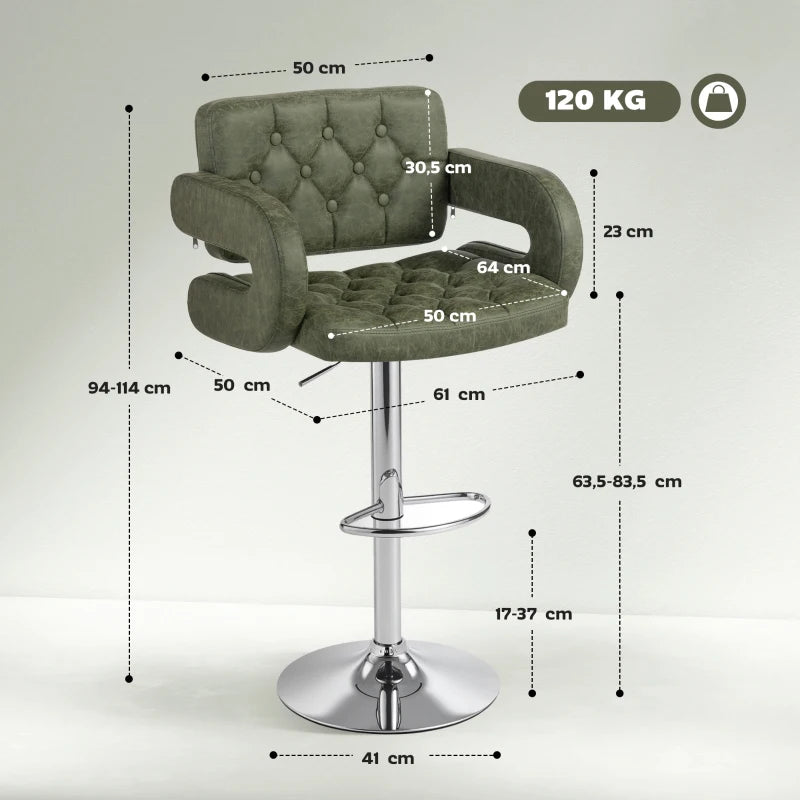 Green PU Leather Swivel Bar Stool - Height Adjustable, Upholstered with Back, Armrest & Footrest for Comfort