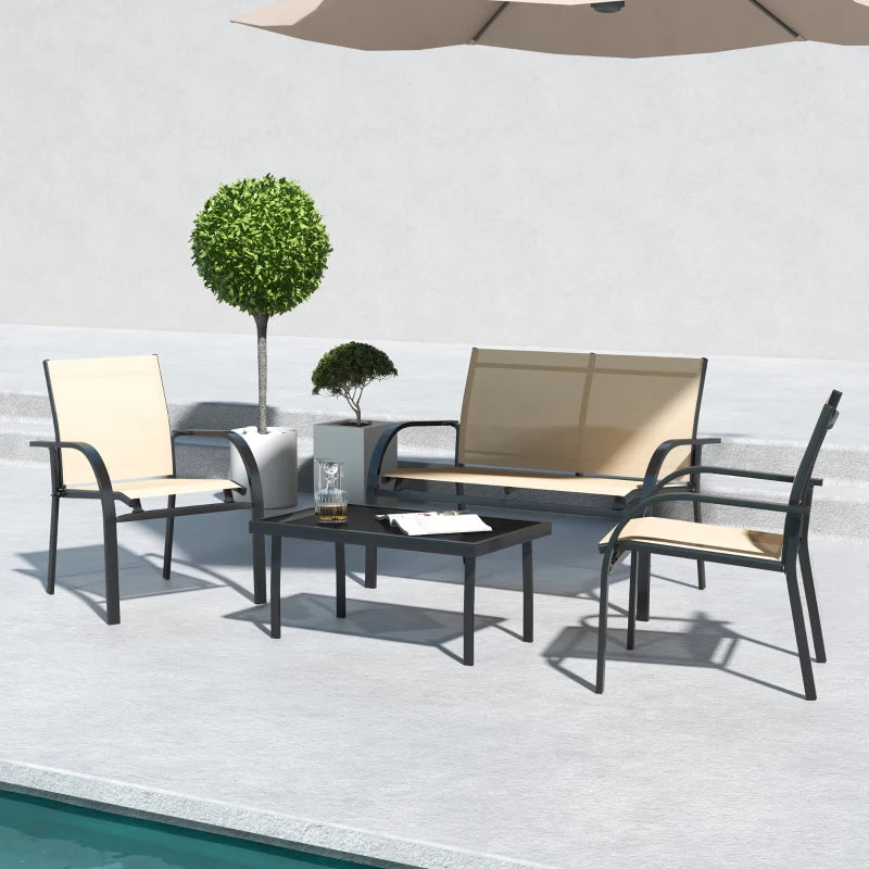 Four-Piece Curved Steel Garden Dining Set in Beige and Grey for Outdoor Relaxation
