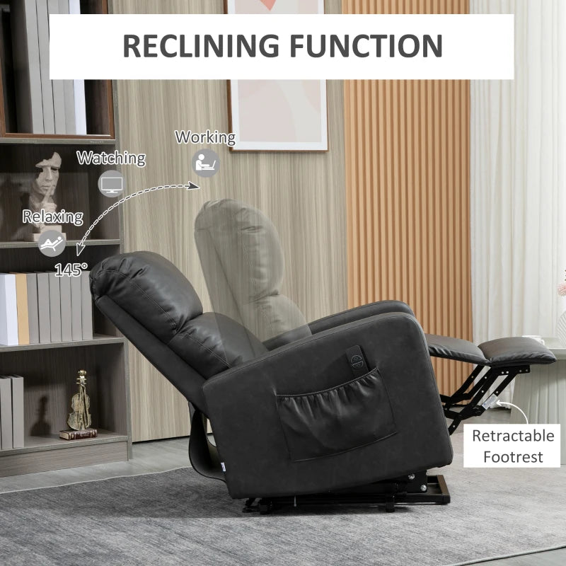 Recliner Chair for Elderly with Remote Control, PU Leather Upholstery, Side Pockets, Charcoal Grey