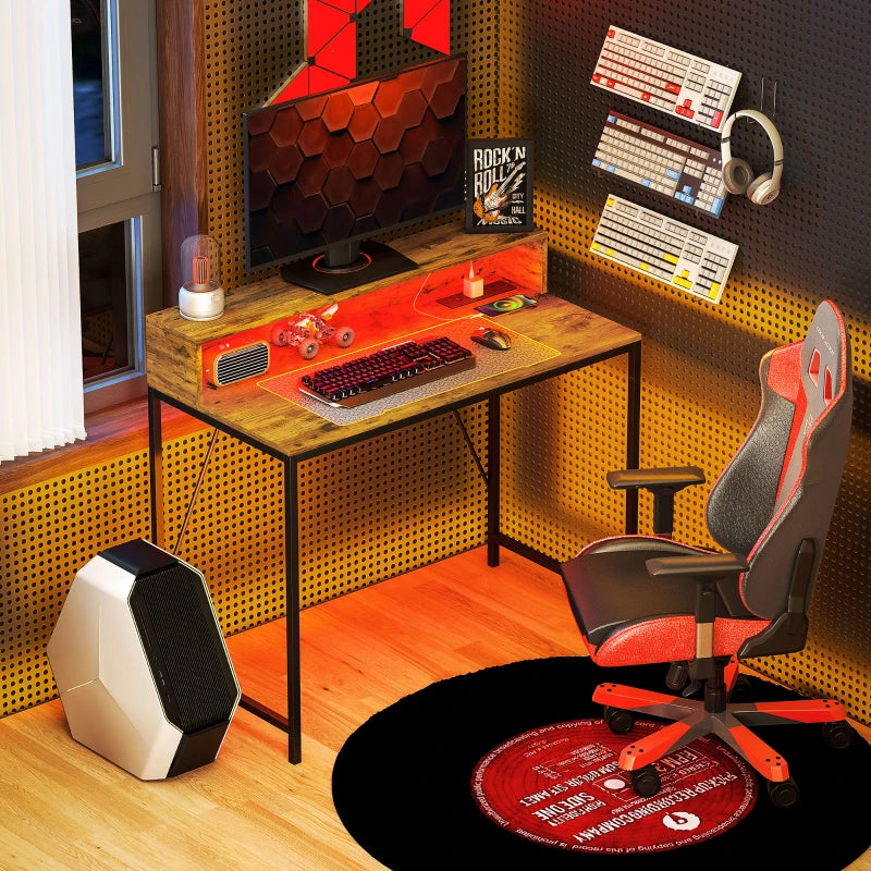100cm Rustic Brown Computer Desk with LED Lights & Power Outlets, Gaming Table with Monitor Stand & Remote for Home Office