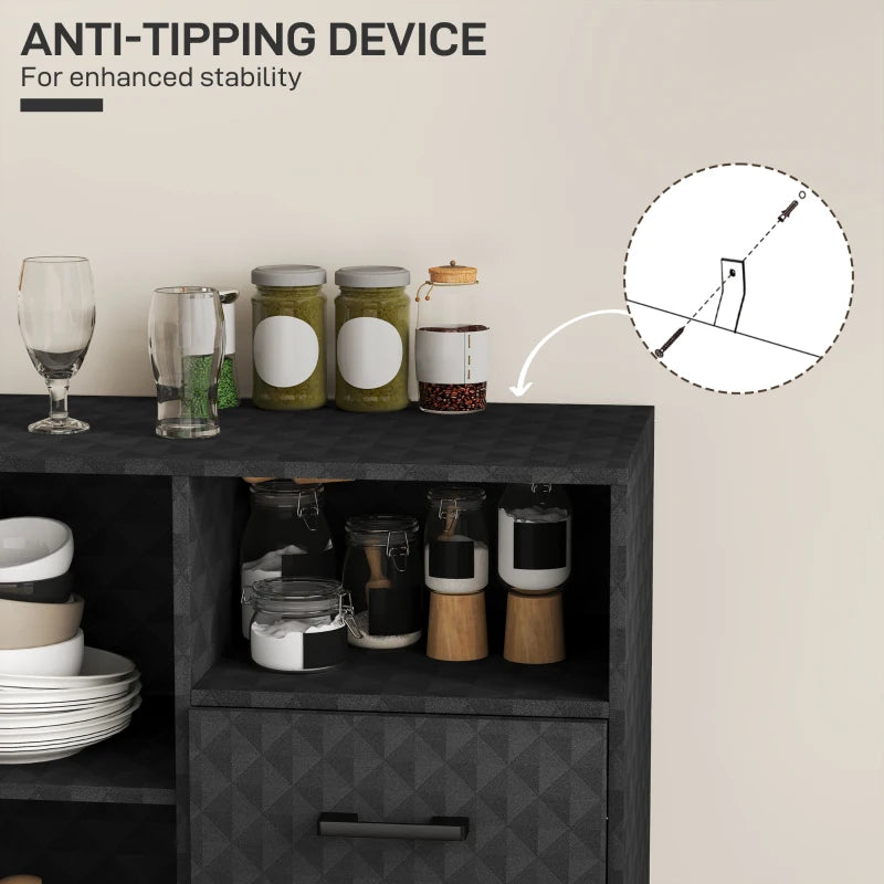 Modern Black Sideboard Storage Cabinet with Adjustable Shelf, Open Compartment & 2 Drawers - Stylish Freestanding Furniture