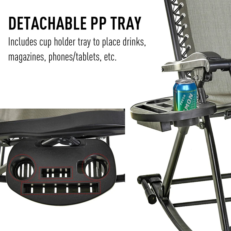 Grey Folding Rocking Sun Lounger Chair with Headrest and Side Holder