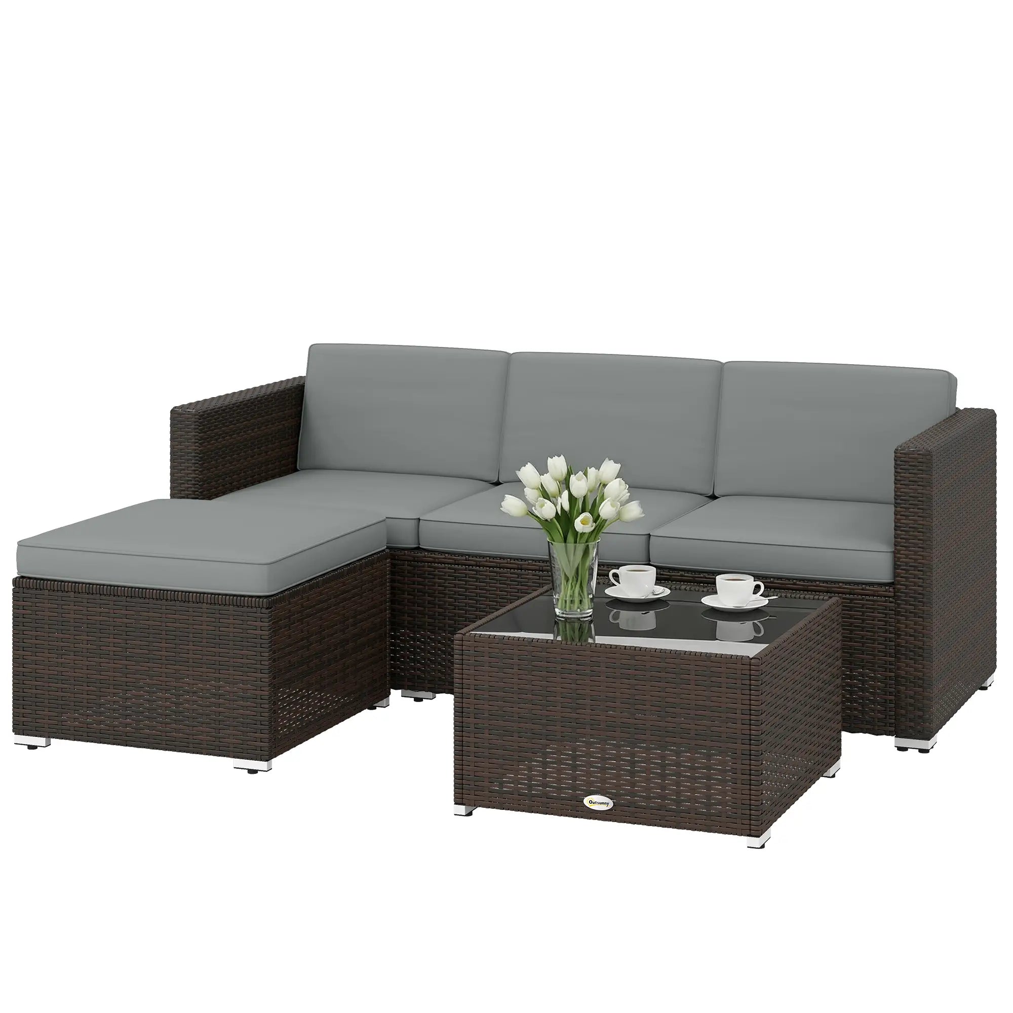 Light Grey 3-Piece Rattan Corner Lounge Set with Cushions – Compact Garden Conversation Sofa Suite