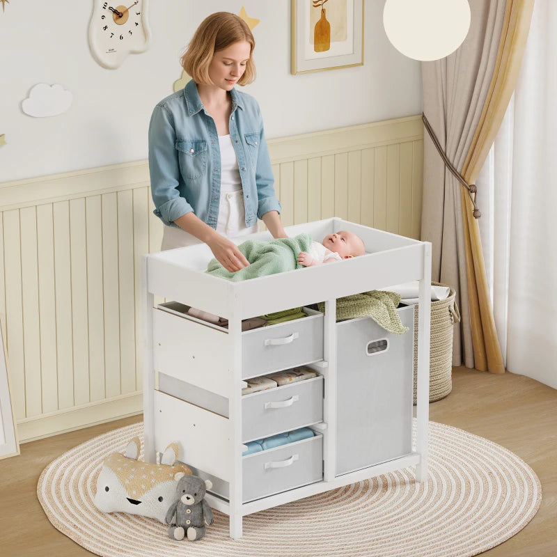 Baby Changing Unit with 4 Storage Drawers and Mat for Nursery Bedroom White 84 x 84.5 cm